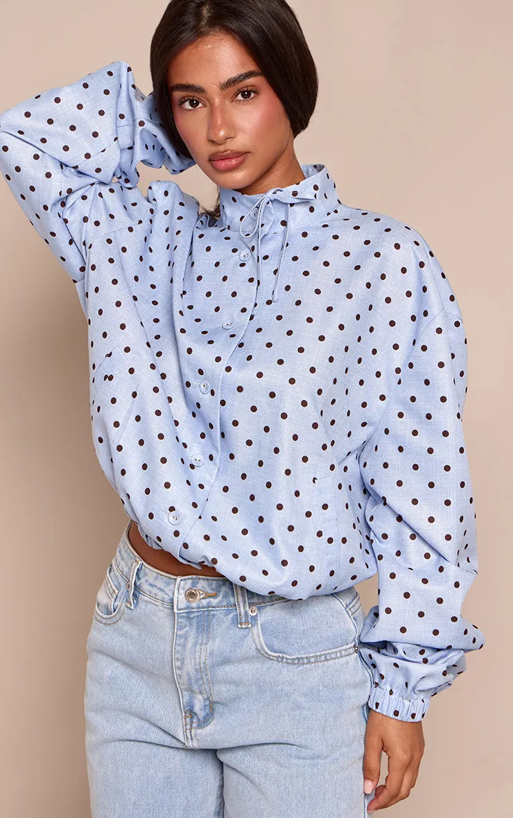 Petite Blue Polka Dot High Neck Tie Detail Long Sleeve Shirt | PrettyLittleThing UK