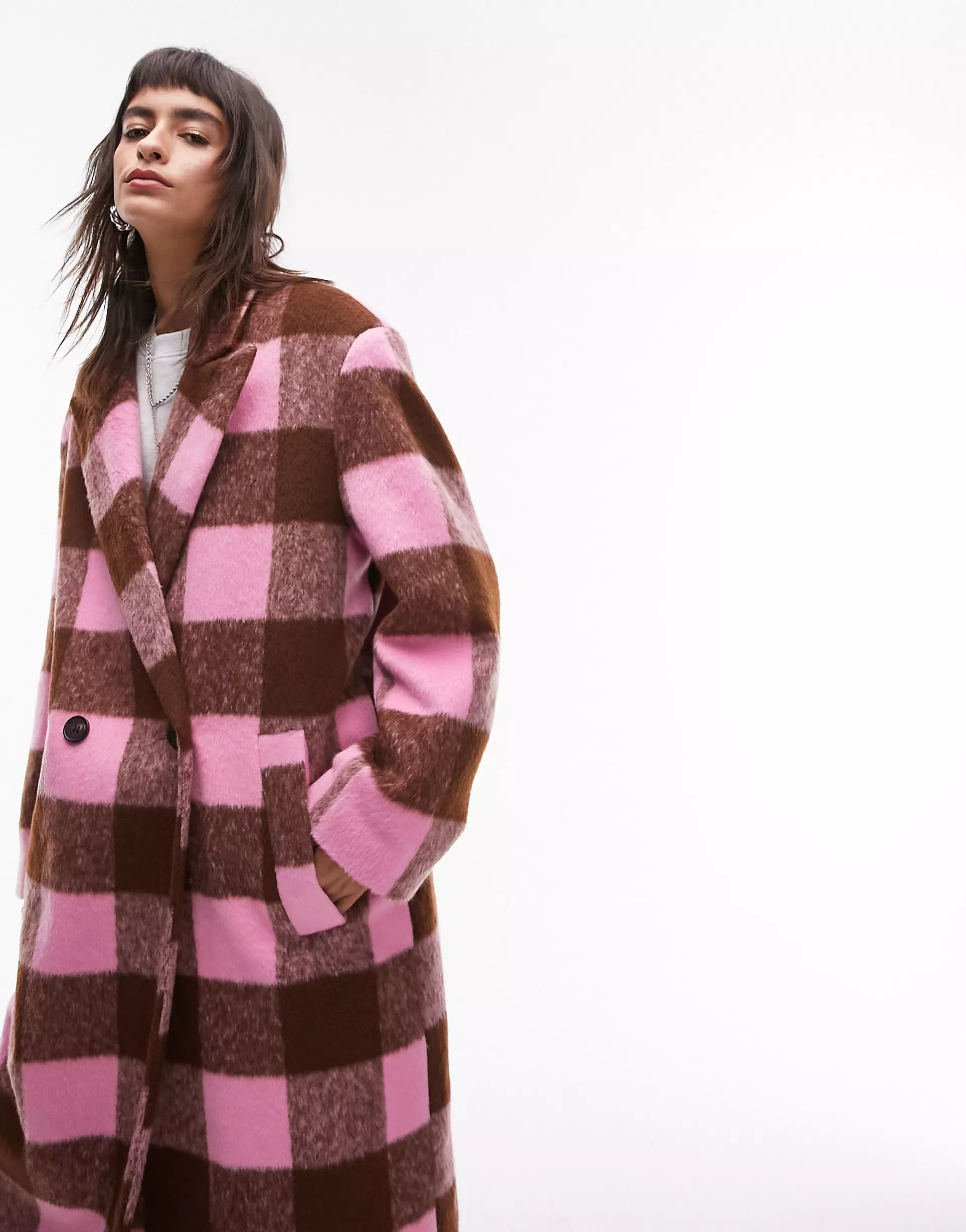 Topshop long-line brushed formal coat in pink check | ASOS (Global)