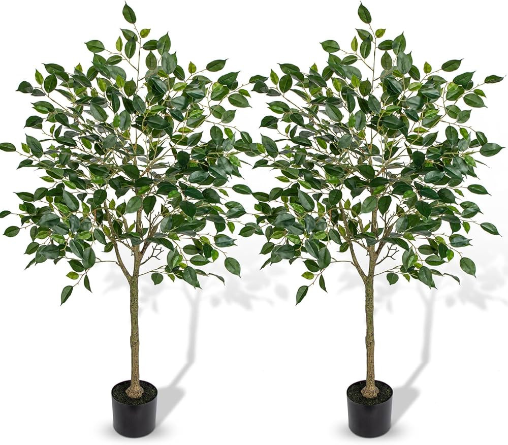 2 Pack Ficus Artificial Trees for Outdoors Indoor, 4ft Big Fake Plants with Pot and Realistic Lea... | Amazon (US)