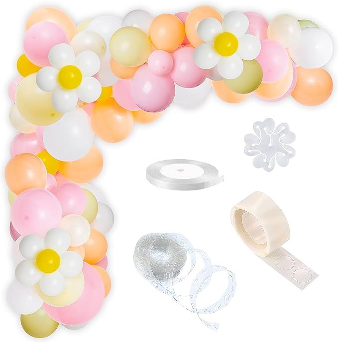 7ilaewen 153 guirnaldas de arco de globos con diseño de margaritas, color rosa, blanco, amarillo... | Amazon (US)