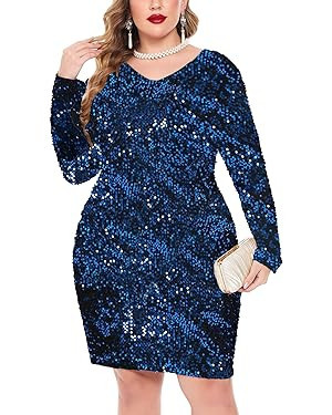 IN'VOLAND Womens Sequin Dress Plus Size V Neck Party Cocktail Dresses | Amazon (US)
