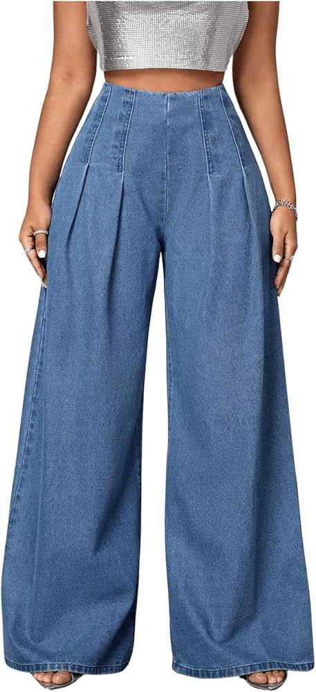 Women's Zip Back Y2K Denim Pants High Waisted Wide Leg Loose Jeans Trouser | Amazon (US)