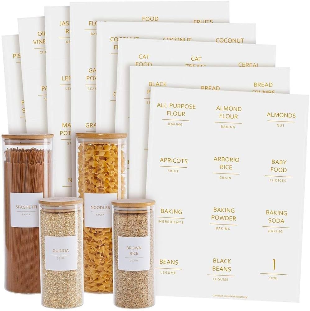 Talented Kitchen 144 Pantry Labels for Containers, Food Storage - Preprinted Gold All-Caps on Mat... | Amazon (US)