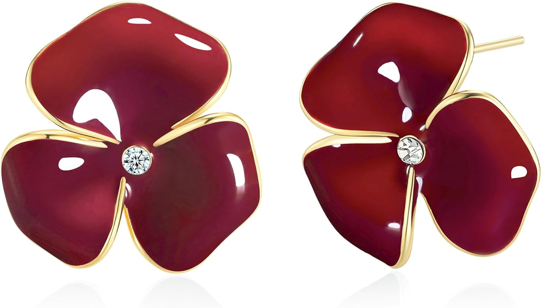 18K Gold Pated Dainty Burgundy Chunky Maroon Enamel CZ Floral Statement Earrings for Women by SNG... | Amazon (US)