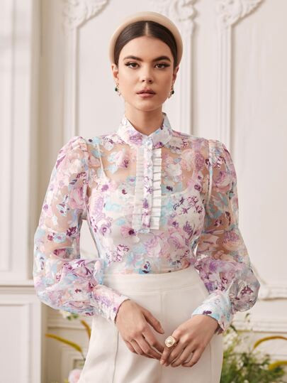 SHEIN Allover Floral Organza Blouse | SHEIN