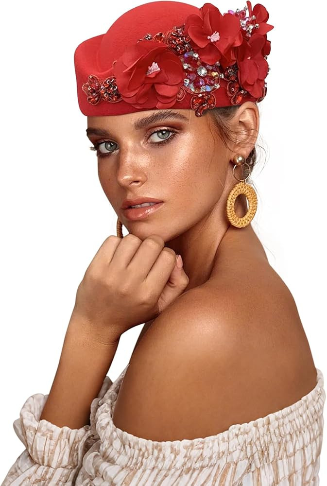 Beret Hats for Women British Felt hat Women's Church Derby Headdress Women's Floral hat Suitable ... | Amazon (US)