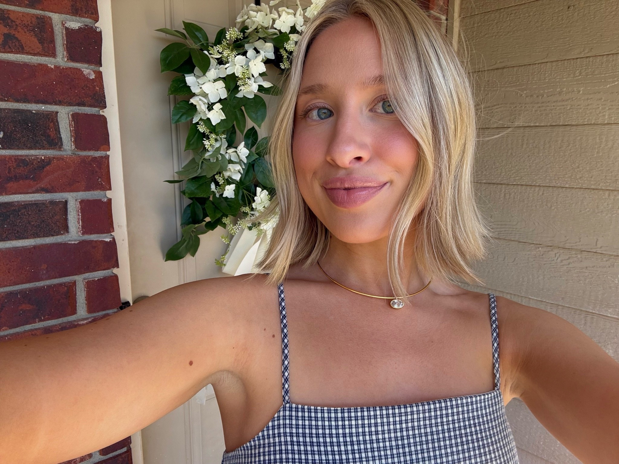 My gold oval bezel collar necklace is from Amazon!
Old Navy gingham mini dress in size S regular 
Linked my summer makeup faves for you guys too 💄

#LTKdayinmylife #LTKootd #LTKBeauty