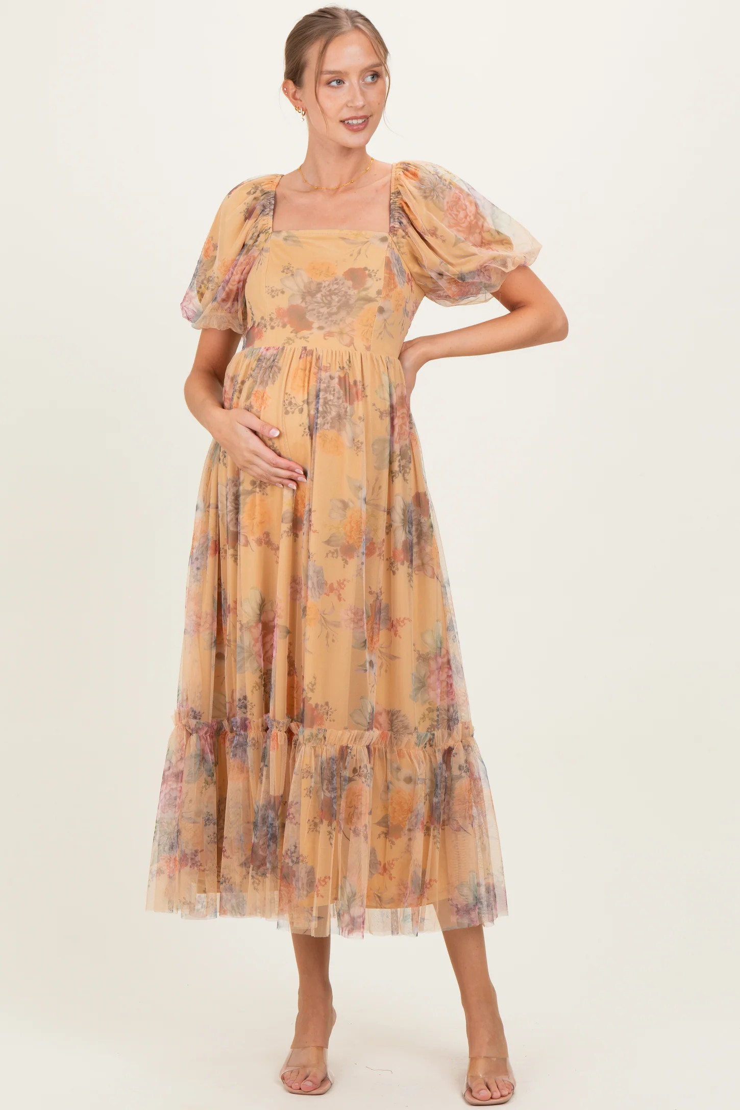 Yellow Floral Tulle Puff Sleeve Maternity Midi Dress | PinkBlush Maternity
