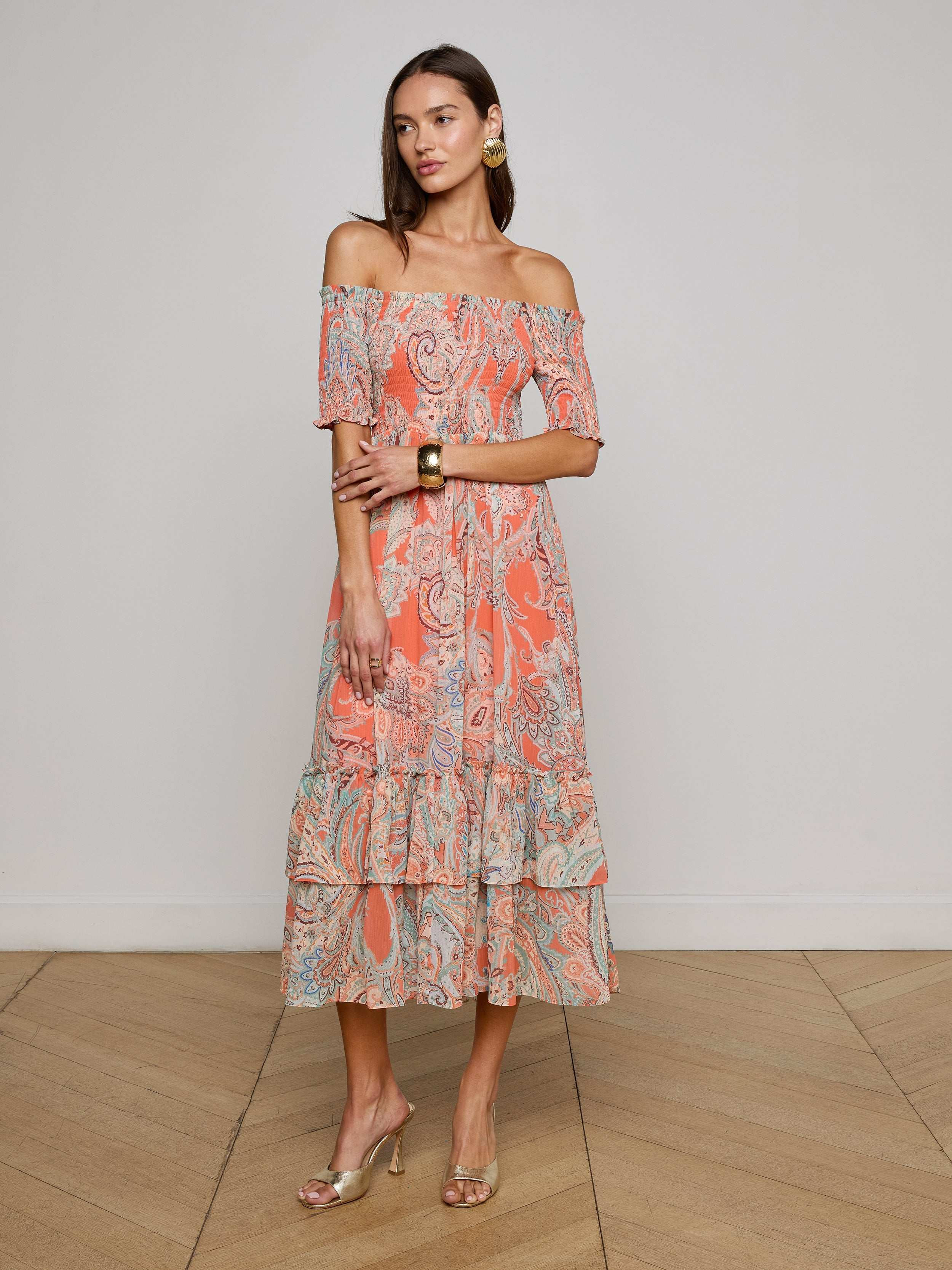 L'AGENCE - Oriel Off-The-Shoulder Dress in Orange/Light Blue Traditional Paisley | L'Agence