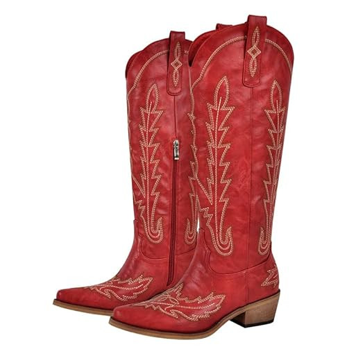 sexytag Red Cowgirl Boots Wide Calf Western Cowboy Boots for Women Embroidered Pointed Toe Block Heel Pull-On Fancy Tall Fancy Tall Boots Red Size 11 | Amazon (US)