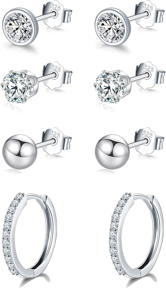 Sterling Silver Stud Earrings for Women, Silver Stud Earrings & Silver Hoop Earrings Set, Small C... | Amazon (US)