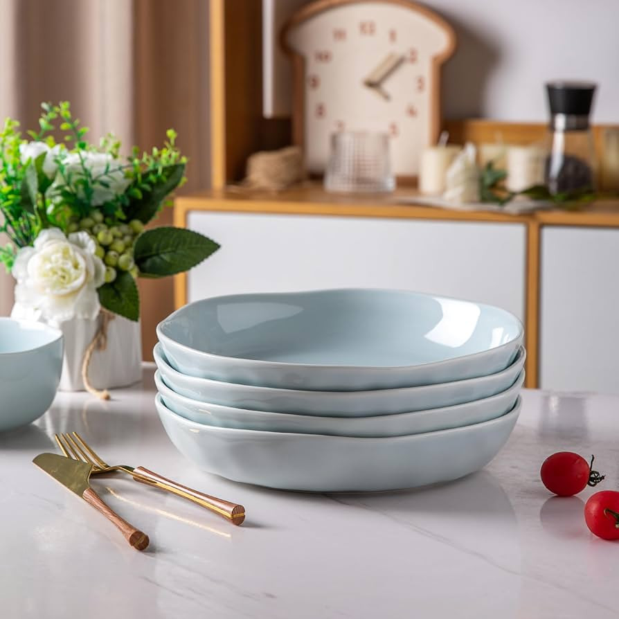 LERATIO 9.75 Ceramic Flat Pasta Bowls,Wavy Rim 38oz Large Wide Bowls Set of 4 for Kitchen,Modern ... | Amazon (US)