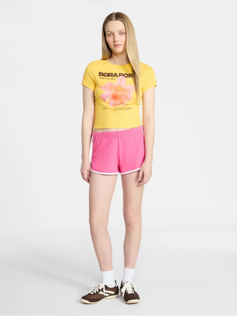 No Boundaries Ribbed Cotton Graphic Baby Tee with Short Sleeves, Women's XXS-XXL | Walmart (US)