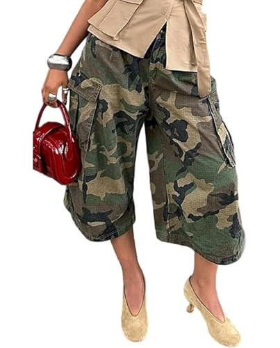 Voghtic Womens Camo Cargo Jeans Army Fatigue Baggy Wide Leg High Waist Capris Camouflage Trousers Boyfriend Pants | Amazon (US)
