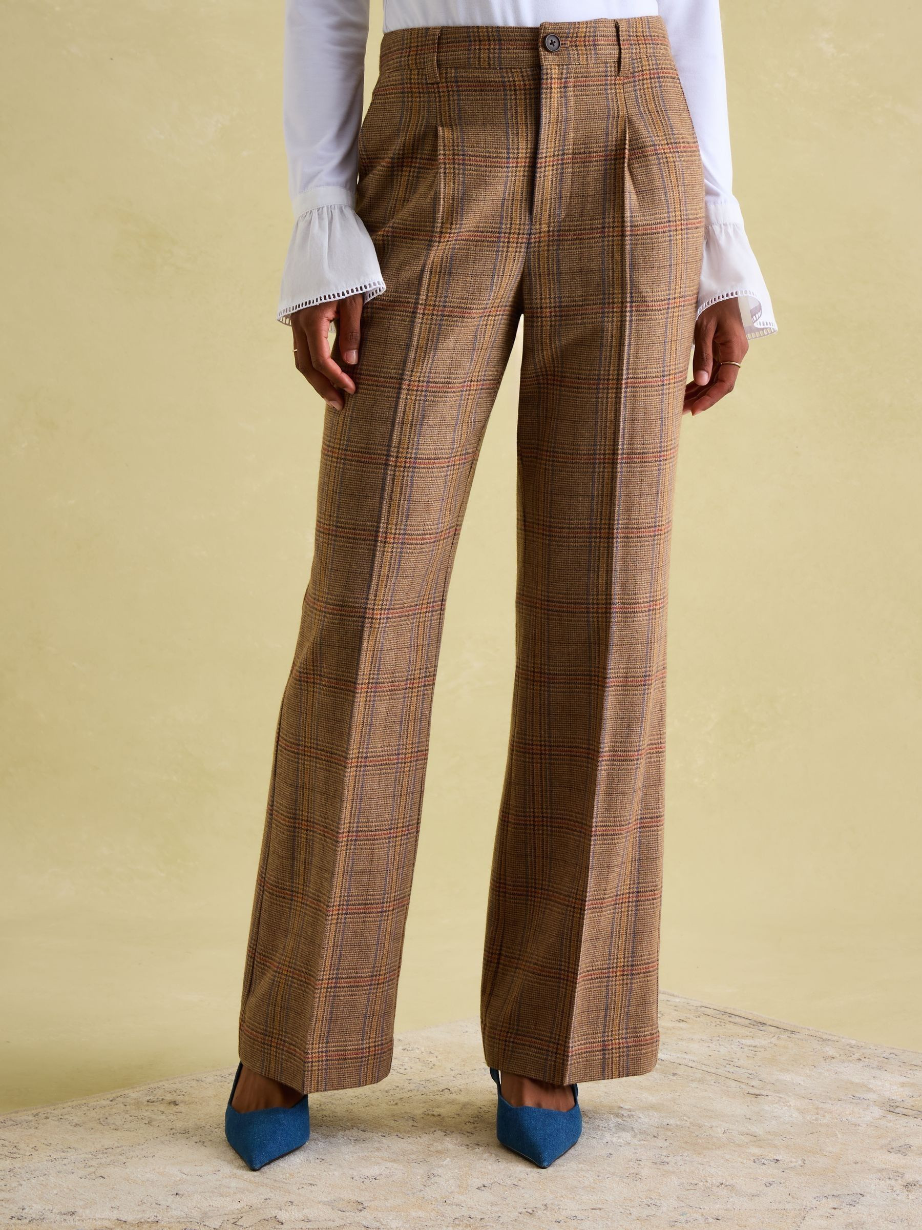 Foxley Brown Check Wool Rich Wide Leg Tweed Trousers | Joules | Joules