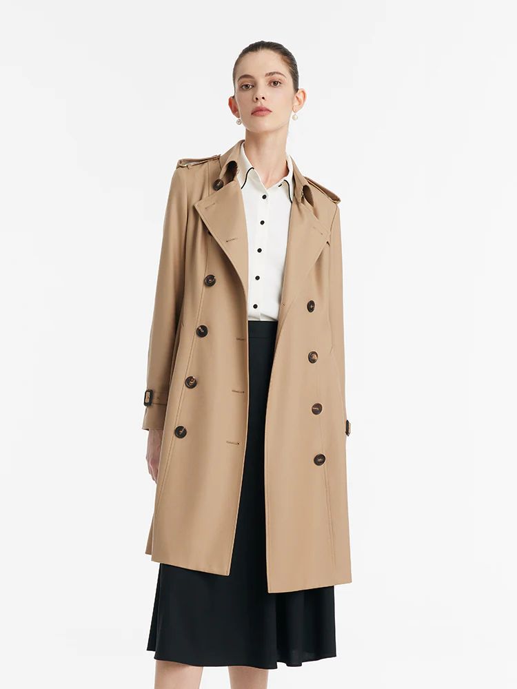 Worsted Wool Gathered Waist Double-Breasted Women Trench Coat | GOELIA
