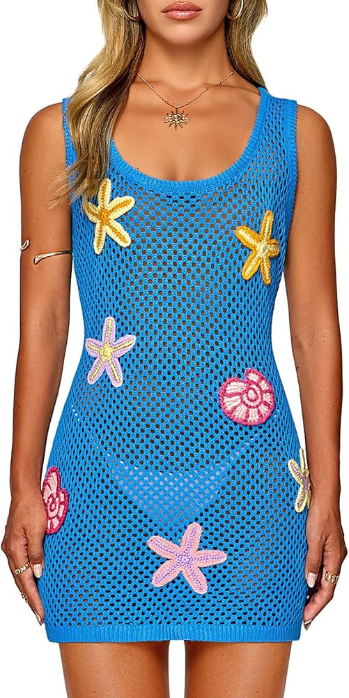 FAIRY SEASON Women's Crochet Beach Cover Up with 3D Starfish & Shells, Sleeveless Mini Dress for ... | Amazon (US)