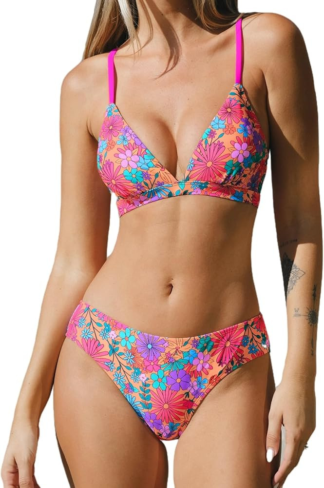 CUPSHE Bikini Set for Women Two Piece Swimsuits V Neck Low Rise Crisscross Back Self Tie Spaghett... | Amazon (US)