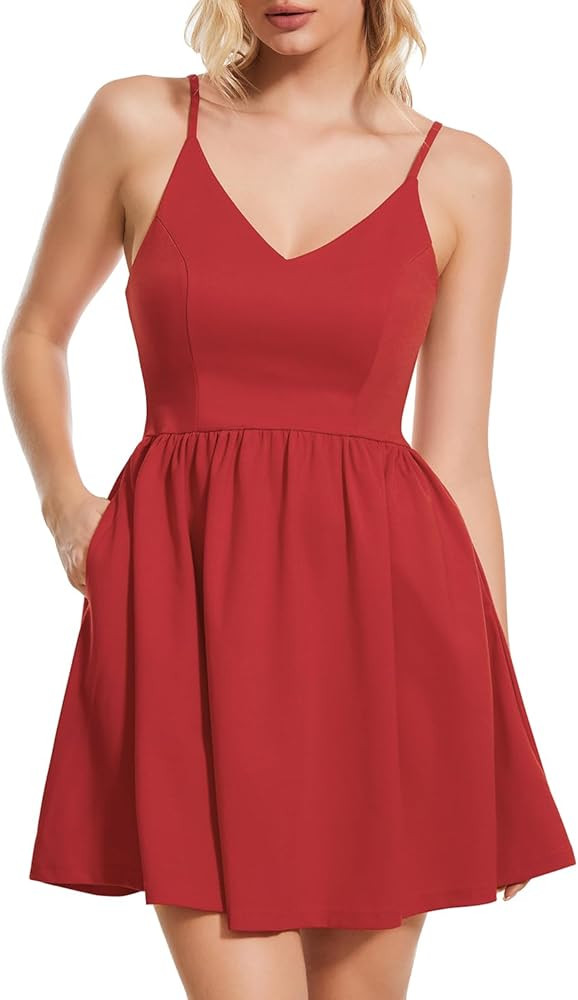 ROYLAMP Women's Casual Spaghetti Strap Dresses Elegant V-Neck A-line Swing Petite Tiered Short Mi... | Amazon (US)