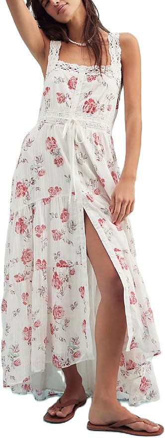 Women Buttons Boho Floral Sleeveless Maxi Dress Square Neck Flowy Tiered Long Dresses Summer Voca... | Amazon (US)