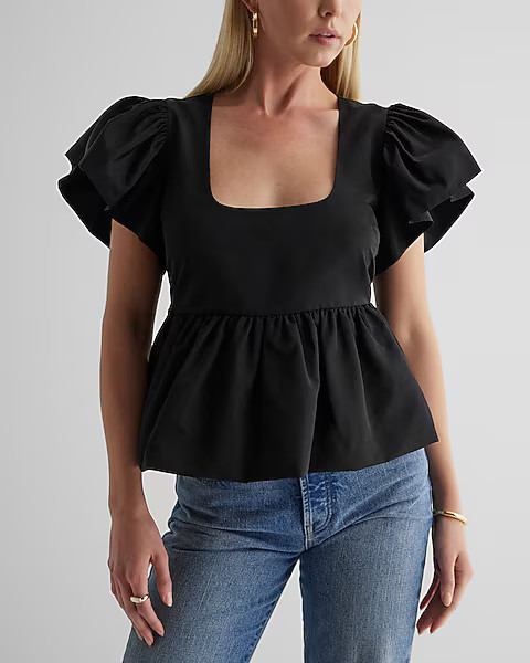 Square Neck Flutter Sleeve Peplum Babydoll Top | Express