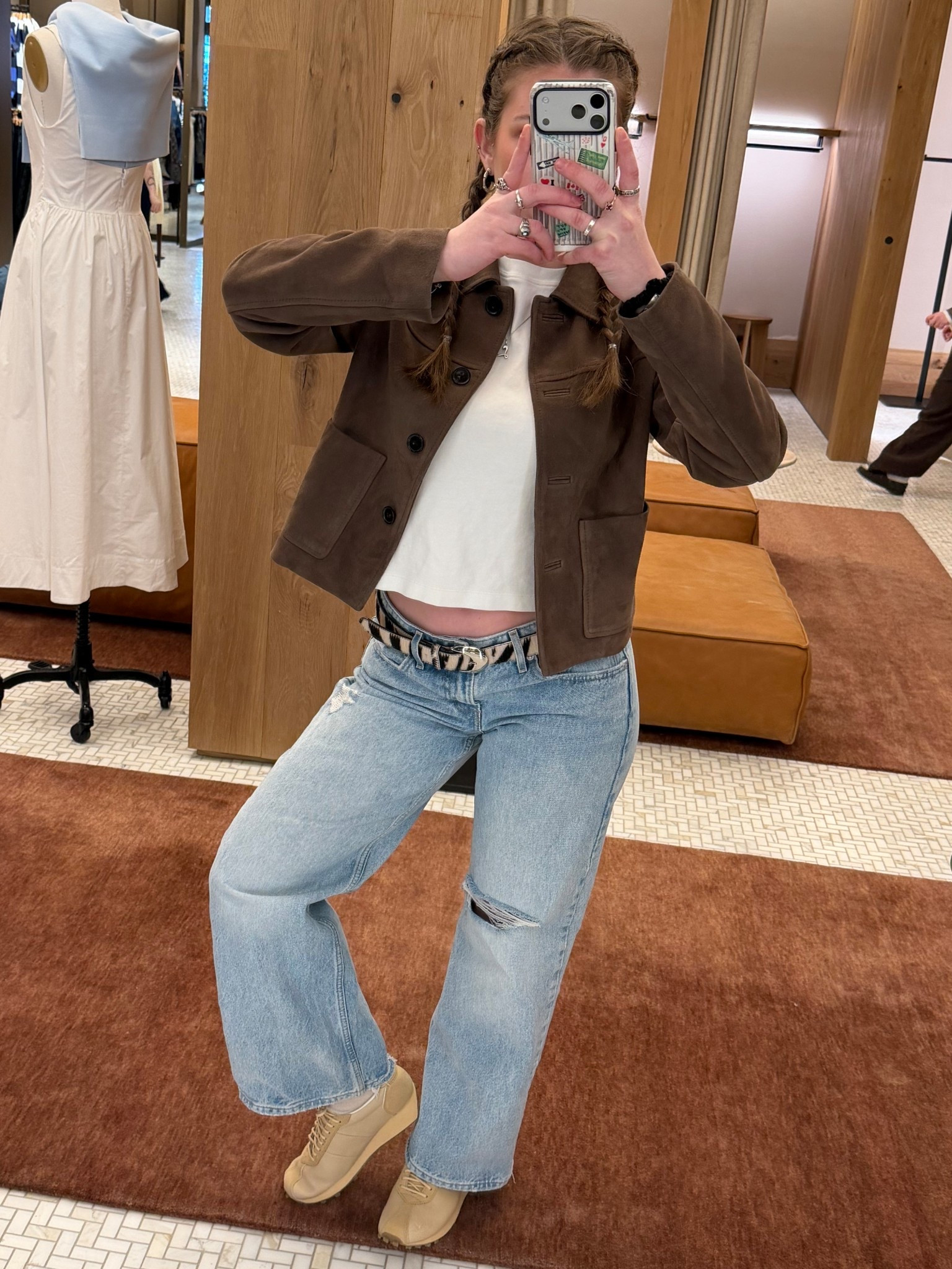 aritzia casual fall spring outfit transitional weather outfit spring launch nike aritzia collab suede jacket levi’s low rise jeans sesame light cream bowing shoes cool girl outfit perfect white t-shirt outfit

#LTKSeasonal #LTKootd #LTKWorkwear