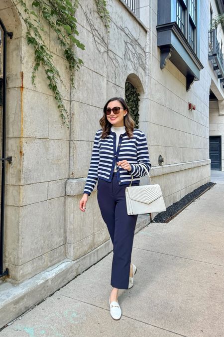 Spring work outfit 💙🤍

Navy and white striped cardigan size small, TTS (61% off)
White mock neck sleeveless shell size small, TTS (extra 40% off-sizes selling fast)
Navy high waisted ankle pants size 4, TTS (40% off-almost sold out)
White loafers size 6.5, fit small compared to other colors-stay TTS

Work wear 
Classic outfit 
Preppy outfit 

#LTKWorkwear #LTKSaleAlert #LTKShoeCrush