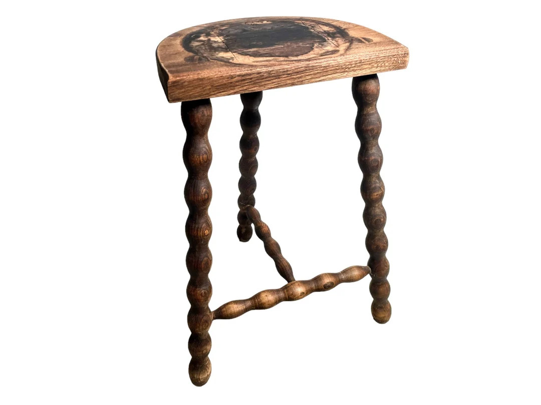 Vintage French Stool Chair Seat Wooden Milking Kitchen D Shaped Seat Braced Bobbin Leg Plant Rest... | Etsy (US)