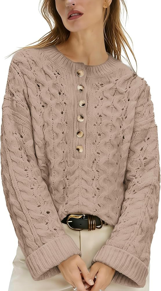 HOWALOOK Women's Chunky Cable Knit Sweater Casual Long Sleeve Crewneck Crochet Pullover Boho Fall... | Amazon (US)