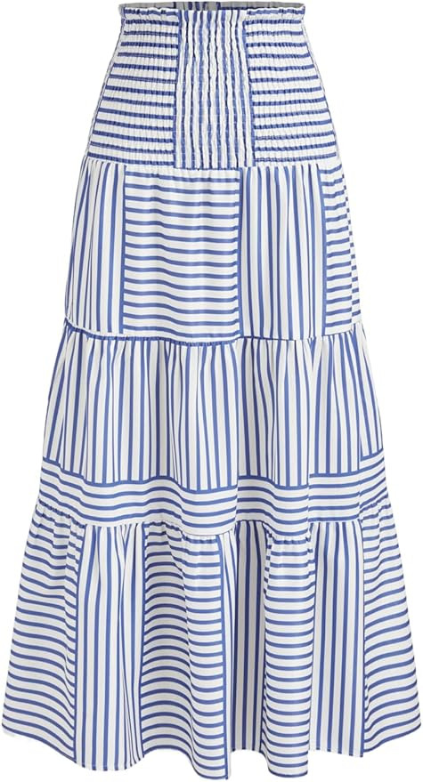 CIDER Santorini Beach Vacation Two Way High Rise Striped Shirred Maxi Skirt | Amazon (US)