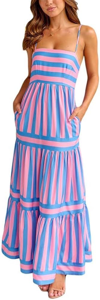 Women Floral Spaghetti Strap Maxi Dress Sleeveless Backless Print Sundresses 2024 Causal Flowy Be... | Amazon (US)