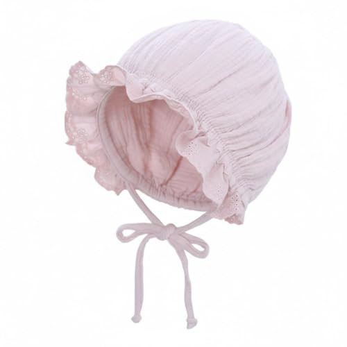 Baby Girl Cotton Muslin Bonnet - Vintage Ruffle Lace Newborn Sun Hat Adjustable Chin Tie Infant Summer Cap 0-12 Months Pink | Amazon (US)