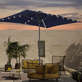 6 ft. x 9 ft. Rectangular Market Umbrella Solar LED with Tilt Function Patio Market Umbrella in Navy Blue | The Home Depot
