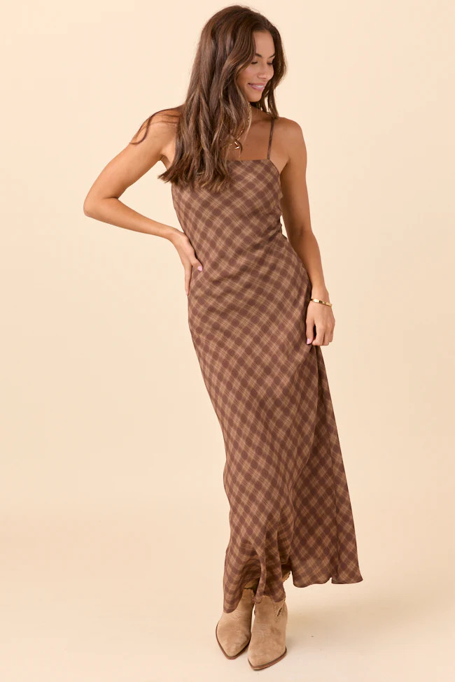 Fauna Brown Plaid Slip Dress | Pink Lily
