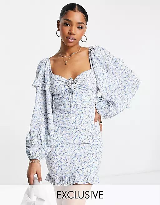 Sisters of the Tribe ditsy print blouson sleeve mini dress in pale blue | ASOS (Global)