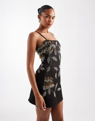 ASOS DESIGN embellished beaded mini dress in black and gold | ASOS (Global)