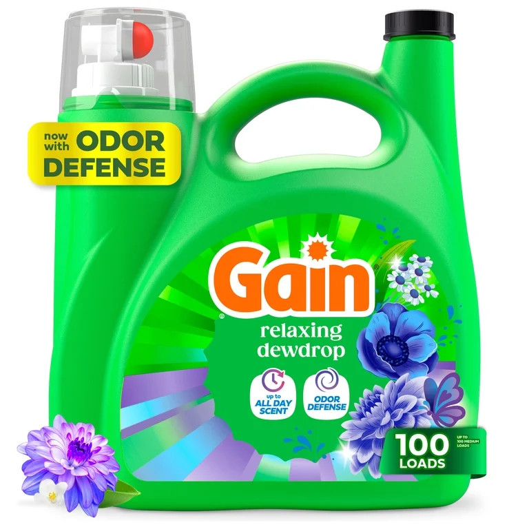 Gain Laundry Detergent Liquid, Now with Odor Defense, Relaxing Dewdrop Scent, 132 fl oz, 100 Load... | Walmart (US)