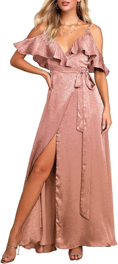 BerryGo Women's Satin Semi Formal Wedding Guest Bridesmaid Dress Cold Shoulder Ruffle V Neck Maxi... | Amazon (US)