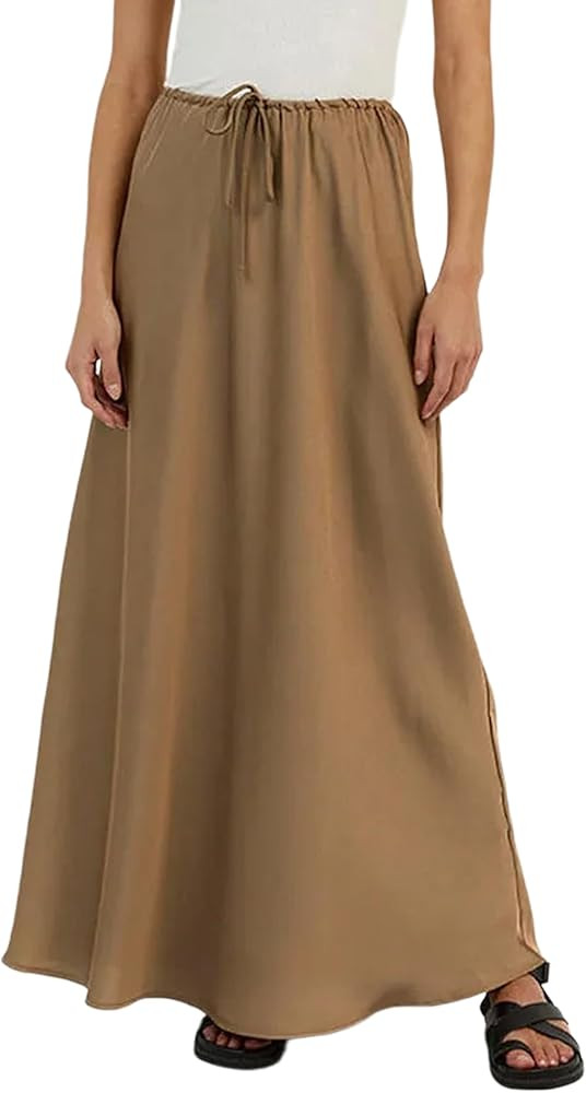Meladyan Woman Drawstring High Elastic Waist Maxi Long Skirt A Line Flare Solid Slim Fitted Going... | Amazon (US)