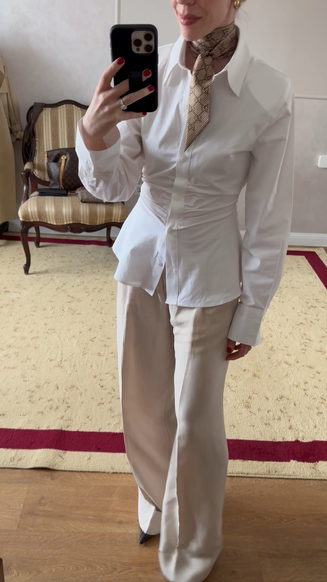 Work wear outfit, office look, cinched waist button down shirt, Gucci silk scarf, wide leg linen blend pants, style over 40

#LTKFindsUnder100 #LTKOver40 #LTKWorkwear