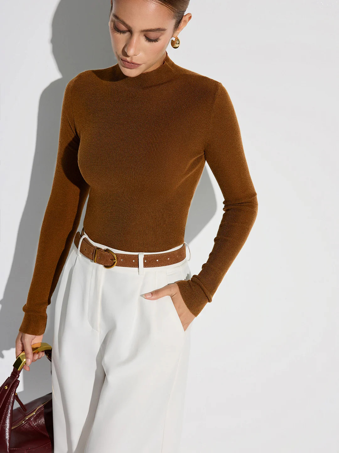 Mock Neck Wool-Blend Knit Top | Commense