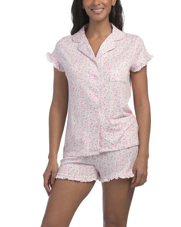 2pc Ditsy Notch Collar Ruffle Hem Pajama Set | TJ Maxx