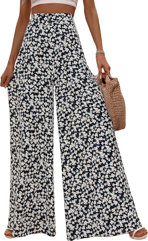 MakeMeChic Women's Palazzo Pants High Waisted Floral Flowy Loose Wide Leg Pants | Amazon (US)