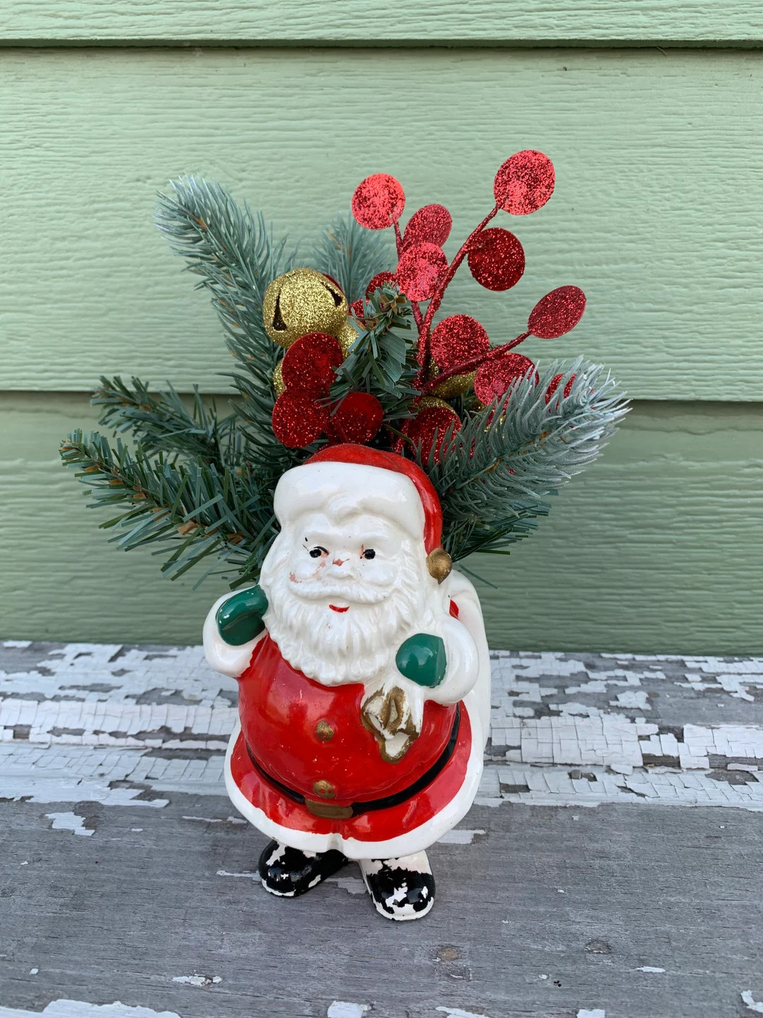 Lefton Santa Claus Planter Decor Pine Boughs Evergreens Centerpiece Arrangement Vintage Pottery C... | Etsy (US)
