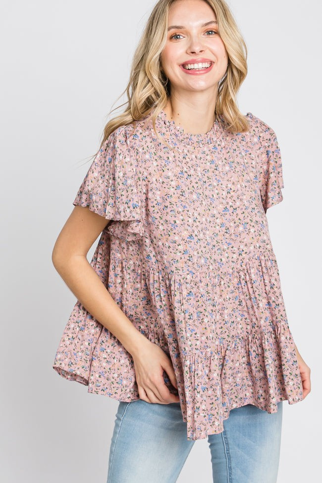 Pink Floral Mock Neck Tiered Top | PinkBlush Maternity