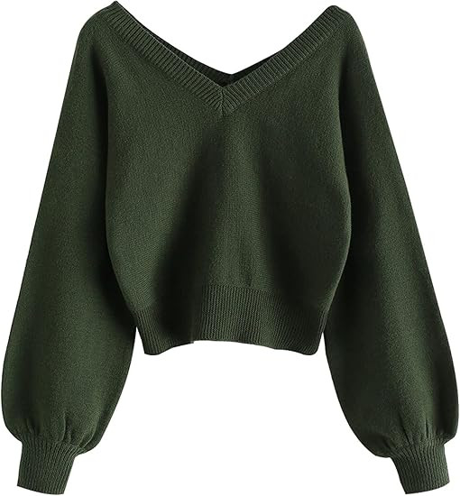 ZAFUL Women's Cropped Sweater V-Neck Long Sleeve Crop Sweater Pullover Jumper Knit Top | Amazon (US)