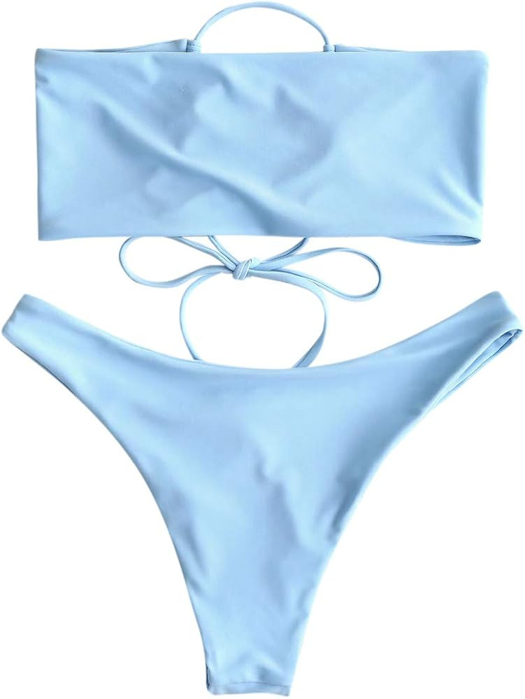 ZAFUL Women Strapless Ribbed High Cut Bandeau Bikini Set | Amazon (US)