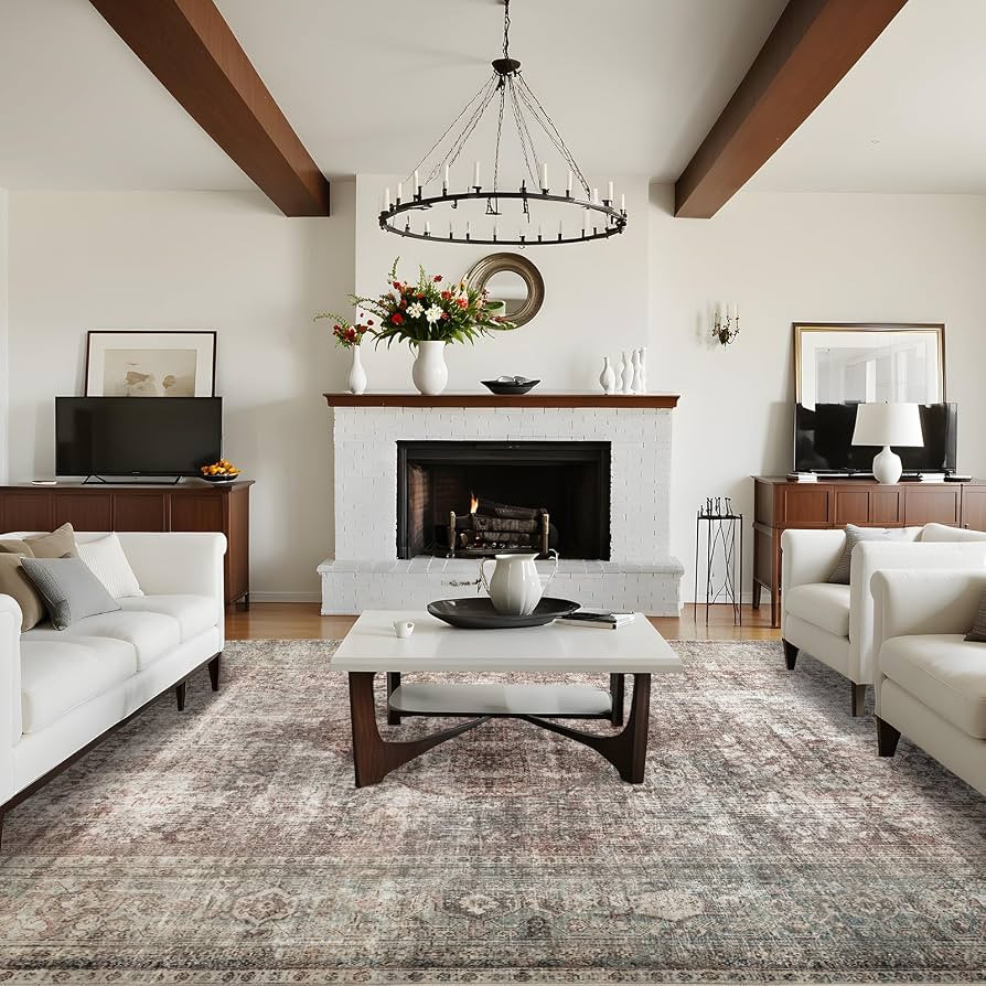 9x12 Area Rugs for Living Room, Faux Wool Washable Rug with Low Pile and Rubber Backing, Brown Ar... | Amazon (US)