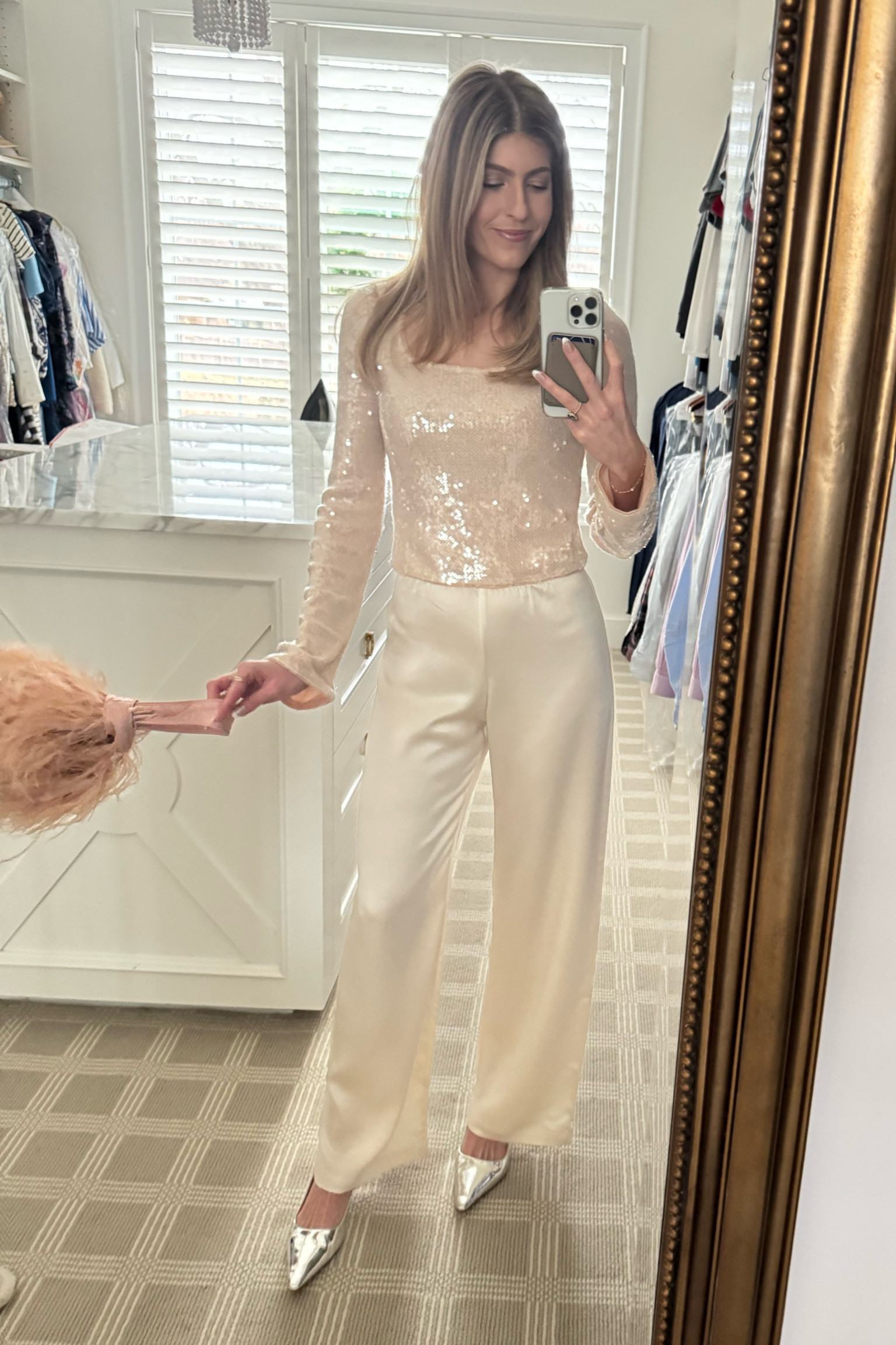 New Year’s Eve outfit, NYE, Christmas outfit, sequin top, silk pants, feather handbag, silver slingback pumps

#LTKHoliday #LTKStyleTip #LTKParties