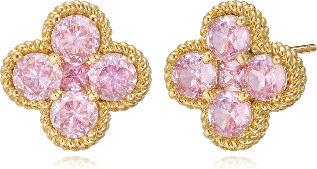 Gold Stud Earrings for Women Trendy 14K Gold Plated Dainty Small Red Flower Cubic Zriconia Clover... | Amazon (US)